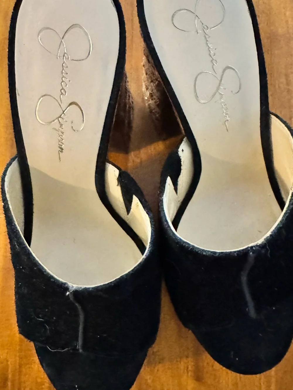 Jessica Simpson Black Suede Platform Mule with Woven Raffia Heel 8.5